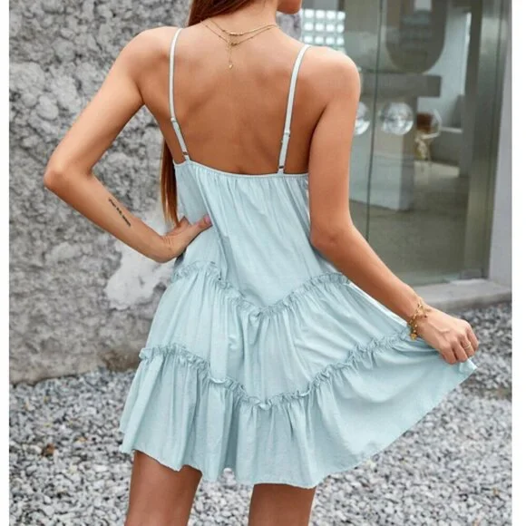 Boho Plunging Neck Ruffle Hem Mini Dress - Picture 7 of 7